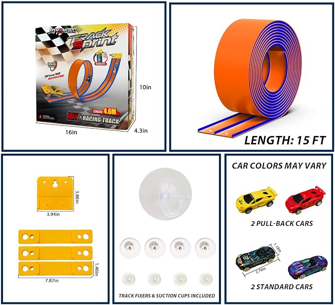 15 Ft Orange Flexible Race Car Track for Kids,Flex Track Starter Set Compatible with Hot Wheels and Diecast 1/64th Cars,Portable Racetrack Roll Up Race Track with 4 Racecars and Suction Cups