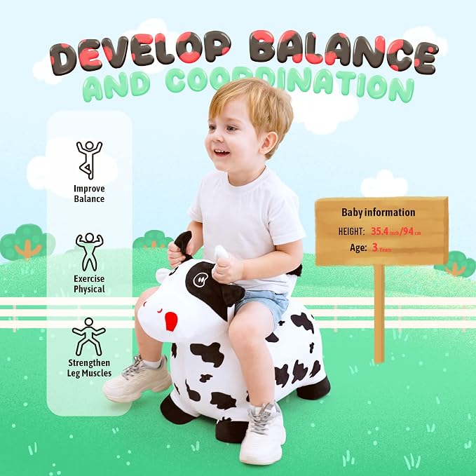 Bouncy Hopper Horse Cow Toys, Inflatable Bouncing Animal Hopping Toys, Outdoor Indoor Ride on Bouncer, Boys Girls Birthday Gift for 18 Month 2 3 4 5 6 Year Old Kid- Plush Cow Toy