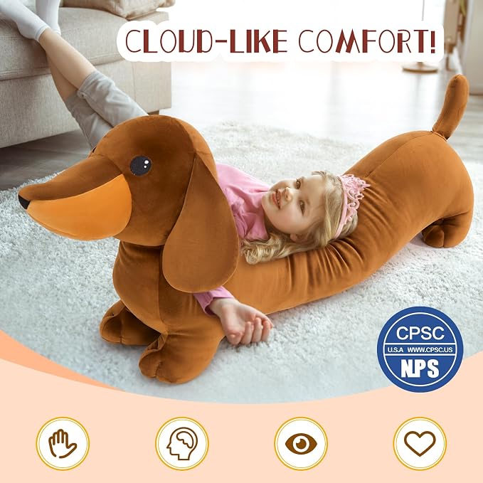 MorisMos Dachshund Stuffed Animal Plush 4ft, 43'' Long Weiner Dog Body Pillow for Kids Adults, USA Designed Realistic Plush Dachshund Toy Giant Stuffed Sausage Dog Toy Gift for Christmas Decor