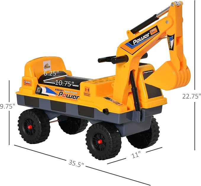 Qaba No Power 2 in 1 Ride On Excavator with Helmet and Claw, Construction Truck Set, Multi-Functional Digger with Storage, Light and Music, Yellow