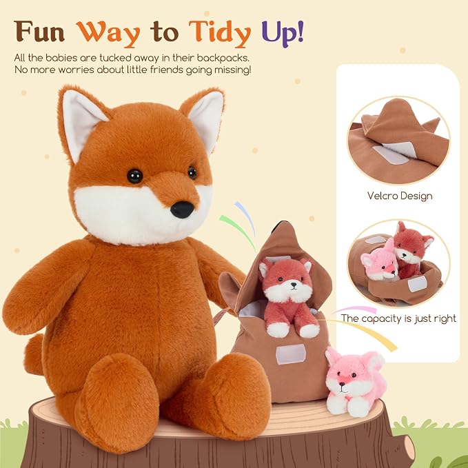 Muiteiur Fox Stuffed Animals Soft 4 Pcs – Soft Red Mommy Fox Plush Toy with 2 Cute Babies & Fox Backpack, for Kids 20inch