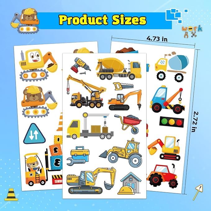 10 Sheets Construction Trucks Temporary Tattoo for Kids, 120 Pcs Vehicles Fake Tattoos for Boys Party Favors, Cars Birthday Supplies Decorations