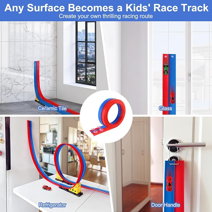 Flexible Race Car Track for Kids: 15 Ft DIY Bendable Ramp Set with Suction Cups for Wall & Window Play - Portable Roll-Up Toy Tracks, Compatible with 1:64 Diecast Cars, Gifts for Boys Girls Ages 3-8