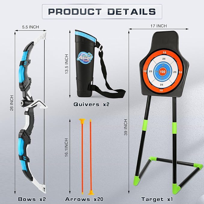 Bow and Arrow Set for Kids, 2 Pack LED Light Up Archery Set with 20 Suction Cup Arrows, Indoor and Outdoor Toy for Boys Girls Age 4-8 8-12 with Standing Target&2 Quivers, Birthday Gift 3-12 Years Old