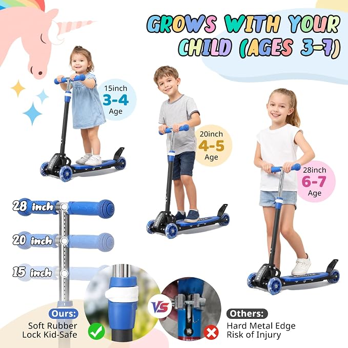 3 Wheel Kids Kick Scooter for Ages 3-12, Lean-to-Steer, Light-Up Wheels, 3-Level Adjustable Handlebar 27.5”-33”, Wide Non-Slip Deck, Dual Rear Brake,Travel Foldable, for Boys & Girls Toy Gifts