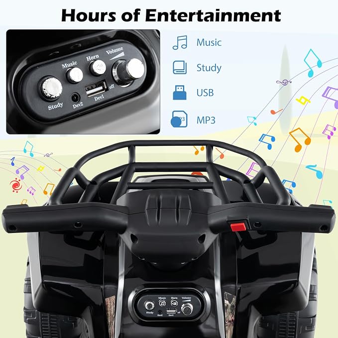 Costzon Kids ATV, 6V Battery Powered Electric Vehicle Four Wheeler Quad w/Storage Basket, Headlight, Horn, Music, MP3 & USB, Toddler 4 Wheeler Ride on Car Toy for Boys Girls 18-36 Months (Black+Camo)