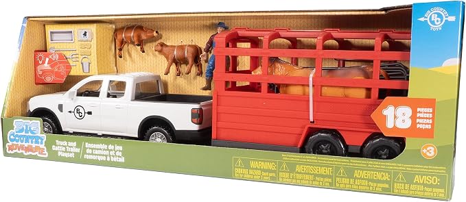 Big Country Toys: Truck & Cattle Trailer Adventure - 18pc Farm Toy Playset, Light-Sound White Pickup, Articulated Animals & Rancher Figure, Kids 3+