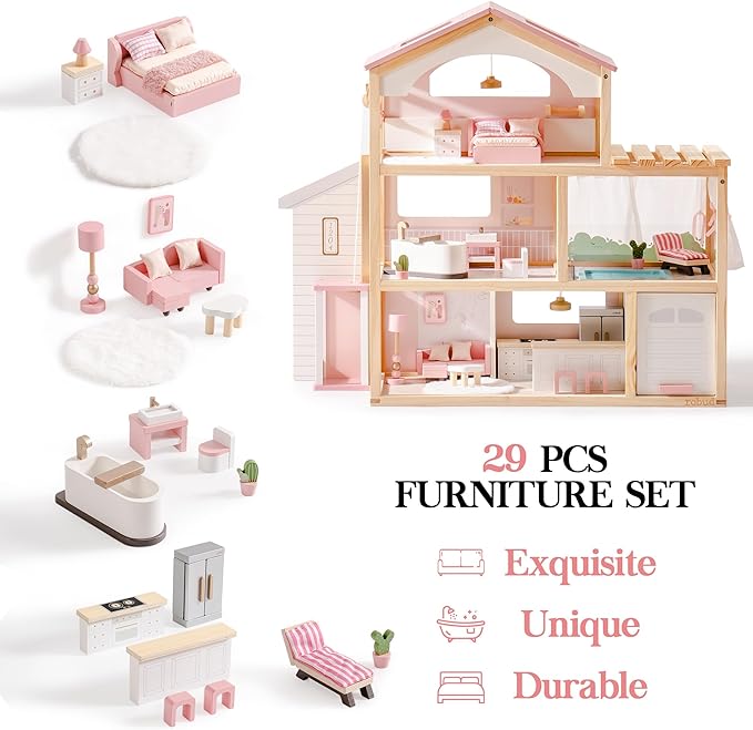 ROBUD Doll House, Wooden Dollhouse with 6 Rooms, 29-pcs Furniture Set, Working Elevator, Garage, Swimming Pool, Ideal Gift for Kids Ages 3+ (Pink)