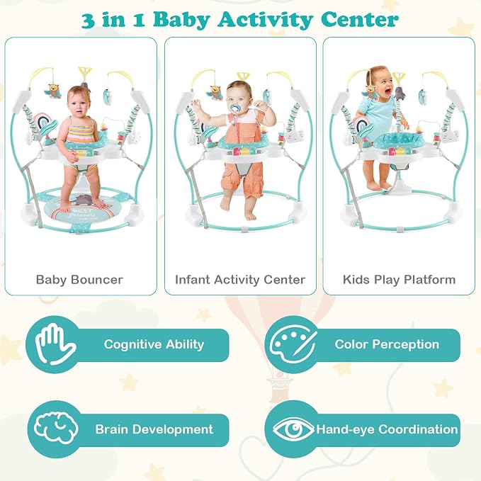 HONEY JOY Baby Bouncer Activity Center, Infant Jumper and Table w/ 360° Rotary Seat, 3 Adjustable Heights, Mat, Music, Lights, Sounds & Developmental Toys, Activity Center for Babies 6+ Months, Blue