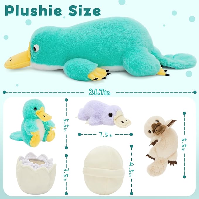 Tezituor Platypus Stuffed Animal Set,Mother Platypus Plush with 3 Colorful Baby Platypuses,Soft Blue Animal Family Plush Toy with Egg,Cute Easter Christmas Birthday Gift for Kids Boys Girls Girlfriend