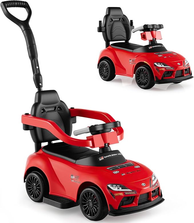 Licensed Toyota Ride on Push Car for Toddlers by INFANS, 3 in 1 Walking Sliding Toy with Removable Guardrails and Handle, Music, Under Seat Storage for Kid (Red)
