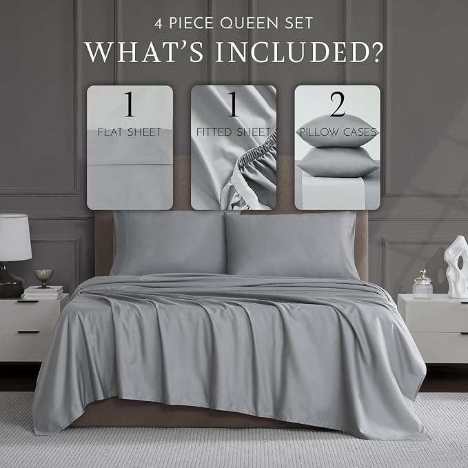 Linen Closet Luxury 1200 Thread Count Queen Sheet Set, 4 Pcs, Cotton Rich, Light Gray, Soft, Durable & Wrinkle Resistant Sateen Sheets, Includes 16" Deep Pocket Fitted Sheet, Home & Hotel Essentials
