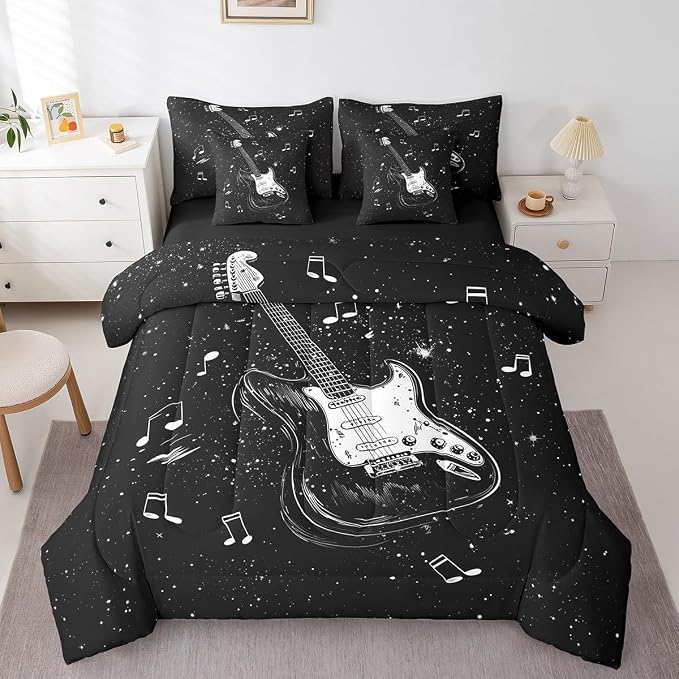 Feelyou Music 7 Pieces Bedding Set Twin Size Guitar Comforter Set with Sheets for Kids Boys Girls Guitar Instruments Bed in a Bag Rock Music Bed Set