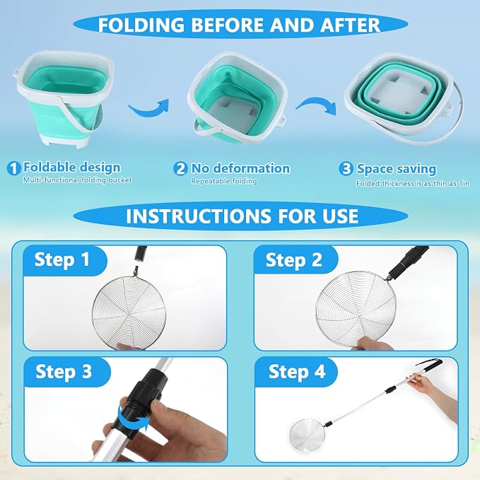 fethwoin Shark Tooth Sifter, Beach Sand Sifter, Sea Shell Scooper for Beach, Shell Bags&Foldable Bucket, Sand Beach Toys for Kids 6 8 10 12, Medium, Blue