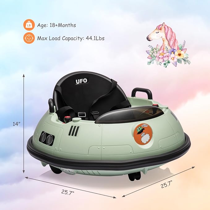 Ride On Bumper Car, 12V Electric Toddlers Car with Remote Control, Safety Belt, Music, Flashing Lights, 360 Degree Spin, Bumper Car for Toddlers,Kids,Green