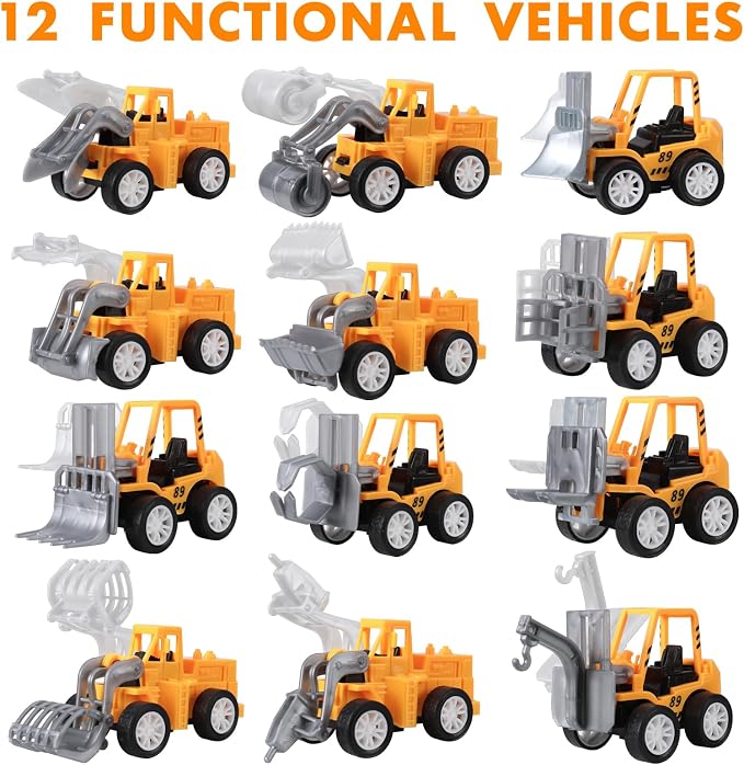 36 Pack Pull Back Construction Engineering Vehicles Toy Playset, Mini Plastic Construction Excavator Trucks Car Toys for Boys Girls Kids Toddlers