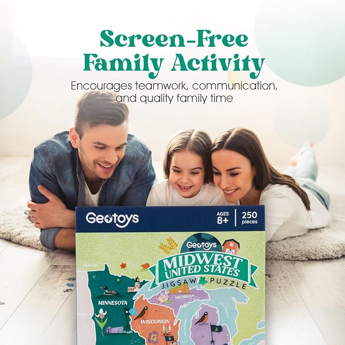 Geotoys Midwest Region Jigsaw Puzzle - Educational and Interactive Map Game - 250 Piece Puzzles - Jigsaw Puzzles for Kids Ages 8-12 - Kids Puzzle Games with Colorful Landmarks