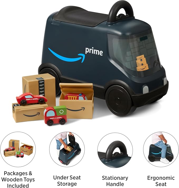 Radio Flyer Amazon Delivery Van, for Ages 2+, Ride and Deliver Truck for Kids, Under Seat Storage, Ergonomic Seat, Includes 3 Mini Boxes & 3 Wooden Toys, Toddler Ride On Toys, Amazon Exclusive