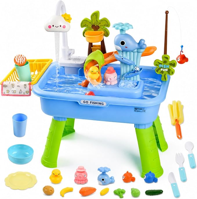 2026 Upgraded Toddler Sand Water Table Toy with Electric Water Pump, Kids Sand Water with Faucet/Play Food Accessories/Fishing Toy, Kitchen Play Sink Toys for Girl Boy Age 3+ (Blue)