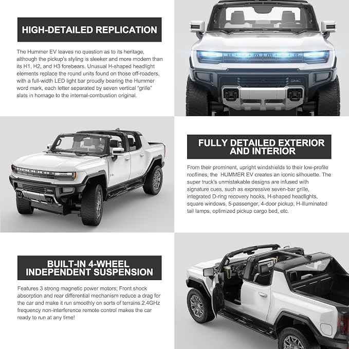 RASTAR Remote Control Car 1/16 Scale GMC Hummer EV Pickup RC Car, Electric Off-Road Monster, RC Hummer Truck for Kids Boys, White 2.4G