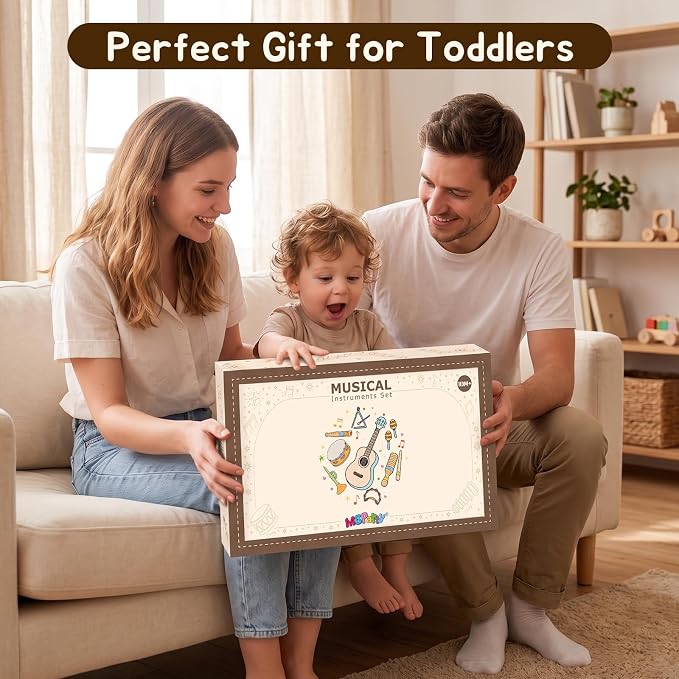 Kids Guitar Set for Toddlers 1-3, 8 in 1 Wooden Montessori Musical Instruments Set with Ukulele, Tambourine, Maracas, Flute, Educational Music Toys, Preschool Learning Toy Gift for Boys Girls