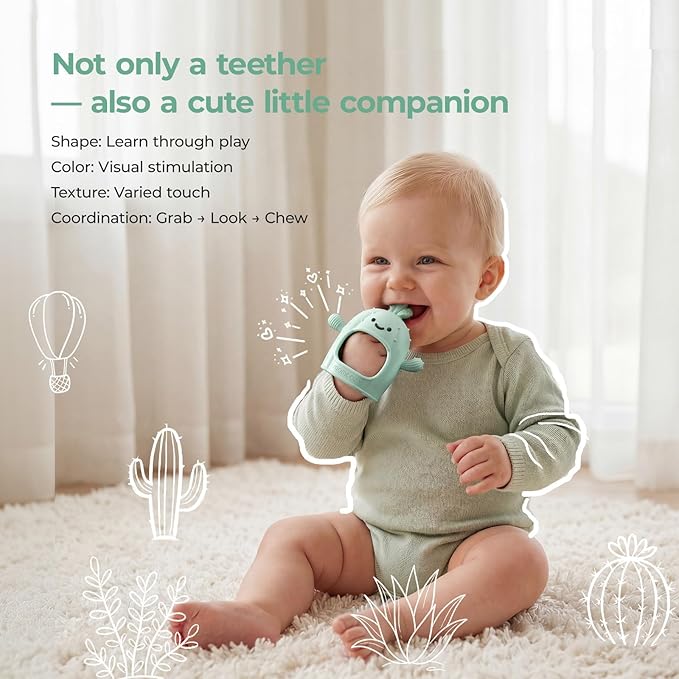 Momcozy Baby Teething Toys, Food Grade Silicone Baby Teether，Teething Mitten for Babies 0–6 Months，Teethers for Babies 6–12 Months，Anti Drop Wrist Teether with Multiple Chew Points， Mint Green