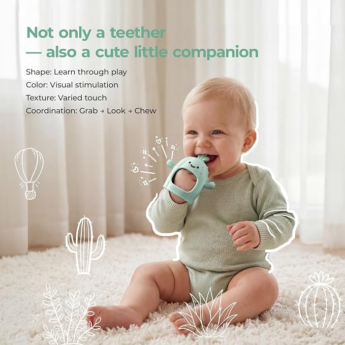 Momcozy 2 Pack Baby Teething Toys, Food Grade Silicone Baby Teether for 0-6 6-12 Months, Anti-Drop Wrist Mitten Set, Baby Essentials Teething Relief, 200°C Sterilizer Safe， Pink & Mint Green