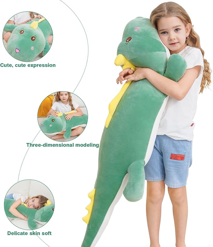 Tianmihou 40 Inch Giant Dinosaur Plush Pillow, Jumbo Green Dinosaur Stuffed Animal, Soft Long Dino Body Pillow for Kids Boys Girls, Huge Dinosaur Plushie Cuddle Toy, Birthday Gift for Children