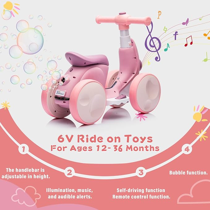 JoyRydz 6V Electric Baby Balance Bike with Bubble Machine,4 in 1 Toddler Balance Bike w/Remote for 1 Year Old Boys Girls Kids Bubble Bike Ride on Toys w/Powered Motor,Music,LED Lights (Purple)