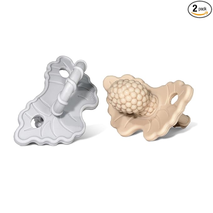 RaZbaby RaZberry Silicone Teether Pacifier – Teething Relief for Infants, Food-Grade, BPA-Free, Hands-Free, Natural Berrybumps Fruit Texture for Sensory Development, Freezable, 2-Pack - Tan & Grey