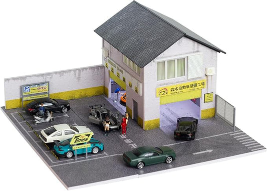 1/64 Scale Display Case Car Garage Model, Morimoto Factory Cover Diecast Diorama Box Decorative Miniature Scene with LED Light 5 Parking Spaces for Toy Car Display and Storage