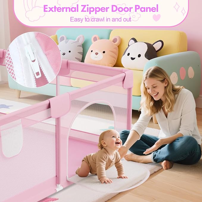 Pink Baby Playpen for Girls - 64"x64" Large Playard with Anti-Collision Soft Corners Sturdy Safety Play Yard for Babies and Toddlers Indoor Infant Activity Center with Non-Slip Suckers