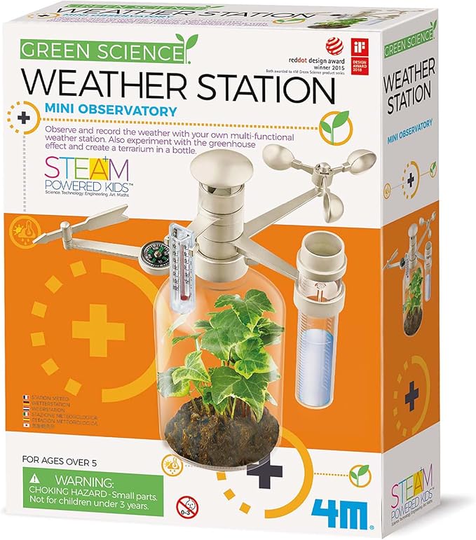 4M: Green Science - Weather Station - DIY Mini Observatory Kit, Observe & Record Wind-Rain-Temperature, Create A Terrarium in A Bottle, STEAM, Kids 5+