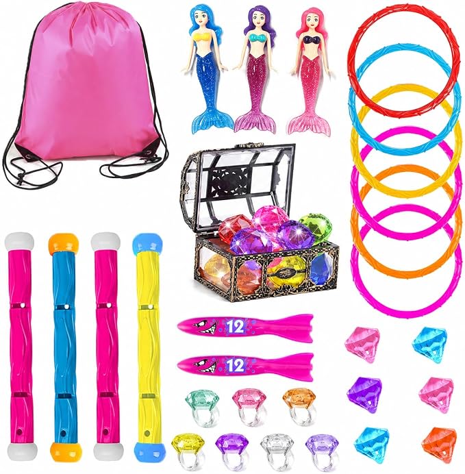 30 Pcs Diving Pool Toys for Kids Ages 3-12 - Little Mermaid Toys for Girls, Dive Sticks, Treasure Chest, Pink Shark Torped & Gems with Storage Bag, Summer Swim Water Toys for Pool Games, Bath & Party