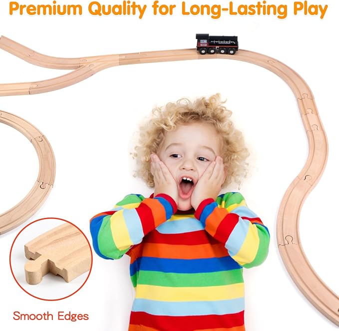 Qilay Wooden Train Track Set - 62PCS Track Expansion with 1 Bonus Magnetic Trains, Arched Bridge, Storage Bag, Compatible with All Major Brand Train Set for Kids 3+