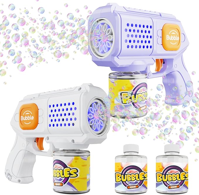 Panamalar 2 Packs Bubble Guns for Kids, Automatic Bubble Machine Gun 10000+ Bubbles/Min, 10 Holes Bubble Maker Toys with Solution/Light for Boys Girls Outdoor Wedding Party, Purple+White