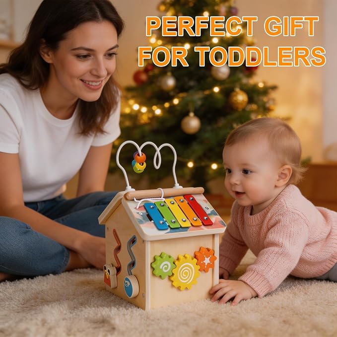 Wooden Activity Cube for Toddlers 1-3 with Press to Go Car Toy, Montessori Baby Educational Learning Toys for Kids, Multipurpose Infant Activity Center, for Girls Boys 1+ Year Old