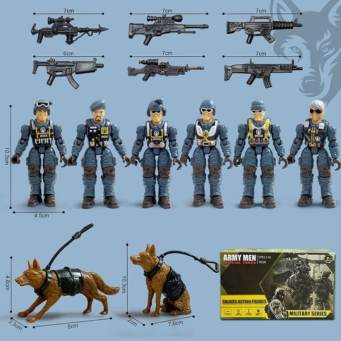 Army Men Action Figures, Toy Soldiers for Boys 6-8, Boys Toy Plastic Army Men Toys with 2 Dogs and 6 Weapons Toys for Boy Military Collectors