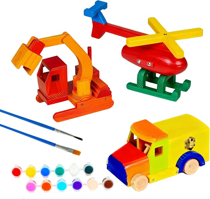 Easy Playhouse: Wood Building Toy Kit - DIY 3 Vehicle Projects: Helicopter, Truck & Excavator, 12 Paint Colors & 2 Brushes, Arts & Craft Set, Kids 8+