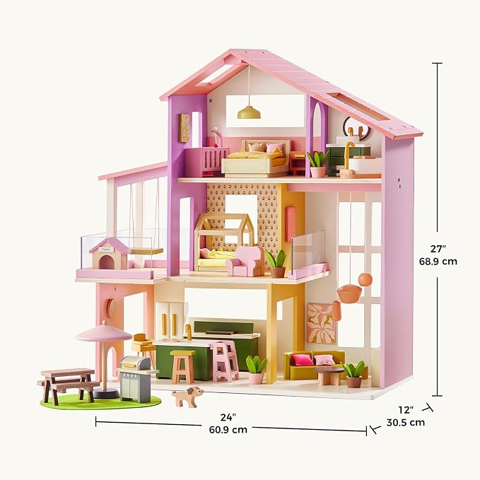 Tiny Land Wooden Doll House, Modern Family Dollhouse with Realistic Design, 7 Rooms Dollhouse with 49 PCS Accessories, Montessori Pretend Play Toddler Toy, Ideal Gift for Kids Ages 3+, Pink