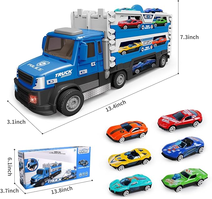 DOWELLIN 6 in 1 Transport Truck Toys for Kids, Police Trucks Carrier Cars with 6Pcs Metal Race Car with Light&Sounds, Toddler Vehicles Toys Gifts for Boys Girls Age 3 4 5 6 7 8-Blue
