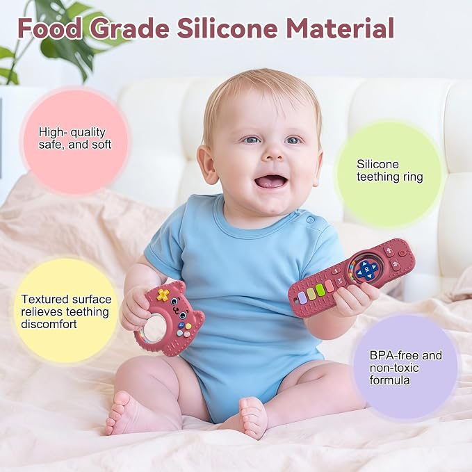 MISSLILI 2 Packs Teething Toy for Babies 0-6-9-12 Months, Silicone Baby Rattles Teether, Teething Relief Infant Toddles TV Remote Control Teether for 3-24 Months