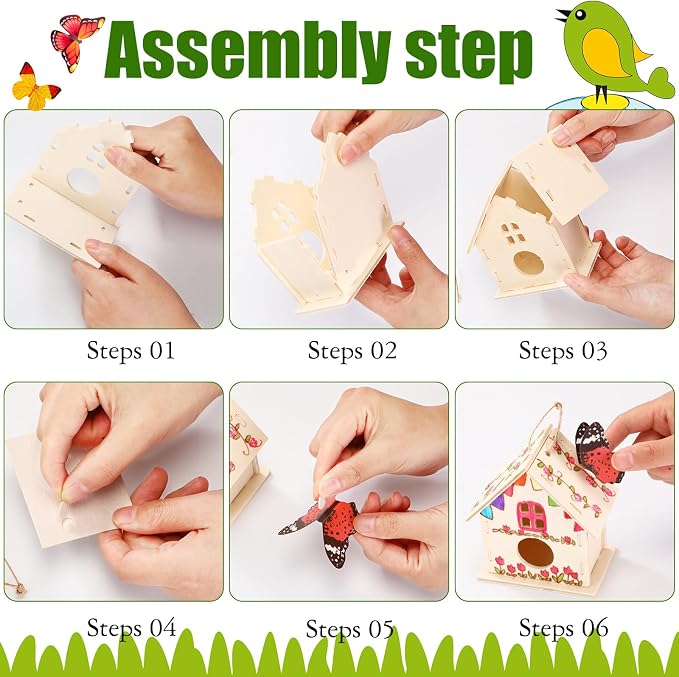Sawysine 107 Pcs DIY Birdhouse Kits for Kids Ages 5-8 8-12, 48 Wooden Bird House Kits in 6 Shapes and 57 Butterfly Sticker for Children Spring Craft Activity Art DIY Project(Lovely Style)