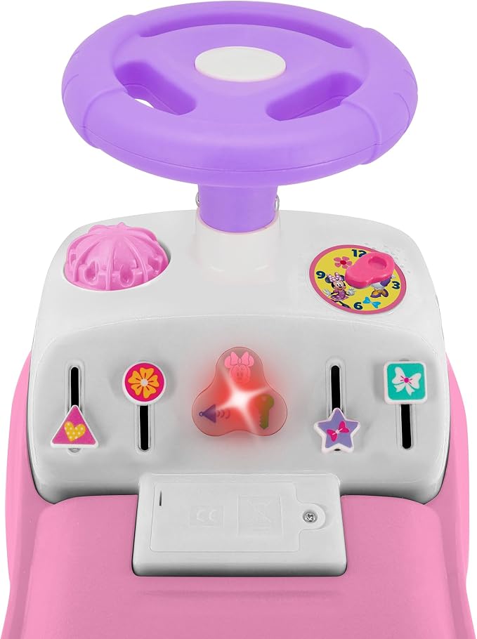 Kiddieland Disney Minnie Mouse Lights & Sounds Ride-On Push Car, Foot-to-Floor Toddler Toy with Interactive Dashboard, Ages 12–36 Months, 55 lb Limit