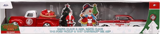 Jada Toys Holiday Rides 1:32 1941 Ford Pickup & 1957 Chevy Bel-Air Die-cast Car with 1.65” Santa Claus & Mrs. Santa Claus Figure, Toys for Kids and Adults