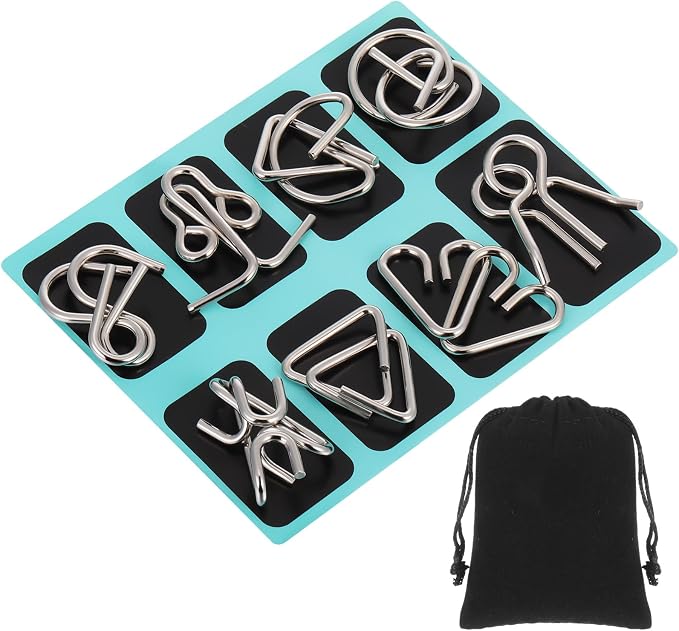 Metal Wire Puzzle Set of 8 with Pouch, Brain Teaser Puzzles IQ Test Ring Disentanglement Unlock Interlock Game Trick Metal for Party Favor Challenge(B Style)