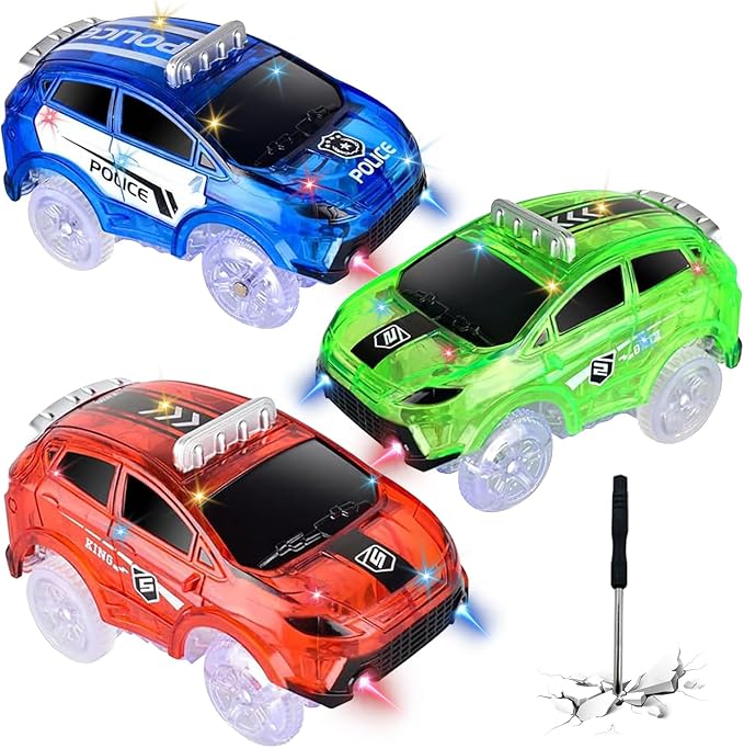 Tracks Cars Only Replacement, Flex Track Race Cars Glow in the Dark, Lights Up Glow Trax Trucks with 5 LED Flashing Light Compatible with Most Tracks for Kids(Red/Blue/Green)