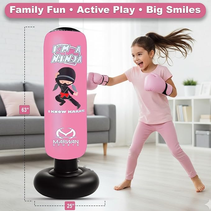 Marwan Sports Ninja Kids Punching Bag — Inflatable Sensory Toy & Birthday Gift for Boys & Girls Ages 4-12, 63" Freestanding 5-in-1 Kit, Indoor Apartment-Quiet Sensory-Friendly Active Play