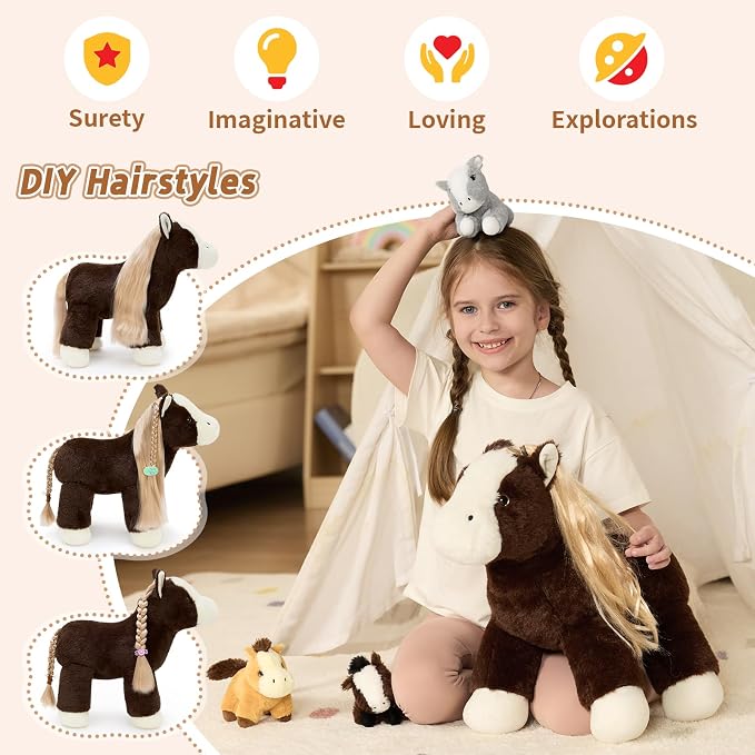 Tezituor 4Pcs Horse Stuffed Animal with Long Hair, 18 Inch Large Mommy Horse with 3 Baby Ponies Plush Set, Realistic Farm Pony Body Pillow Gift for Girls Boys