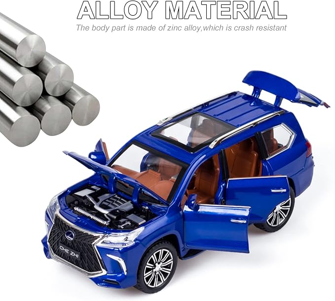 Diecast car Model 1/24 Scale - Zinc Alloy Pull Back Toy car with Sound and Light, Collectible Toys Vehicle for Adults and Boys Girls (Blue)